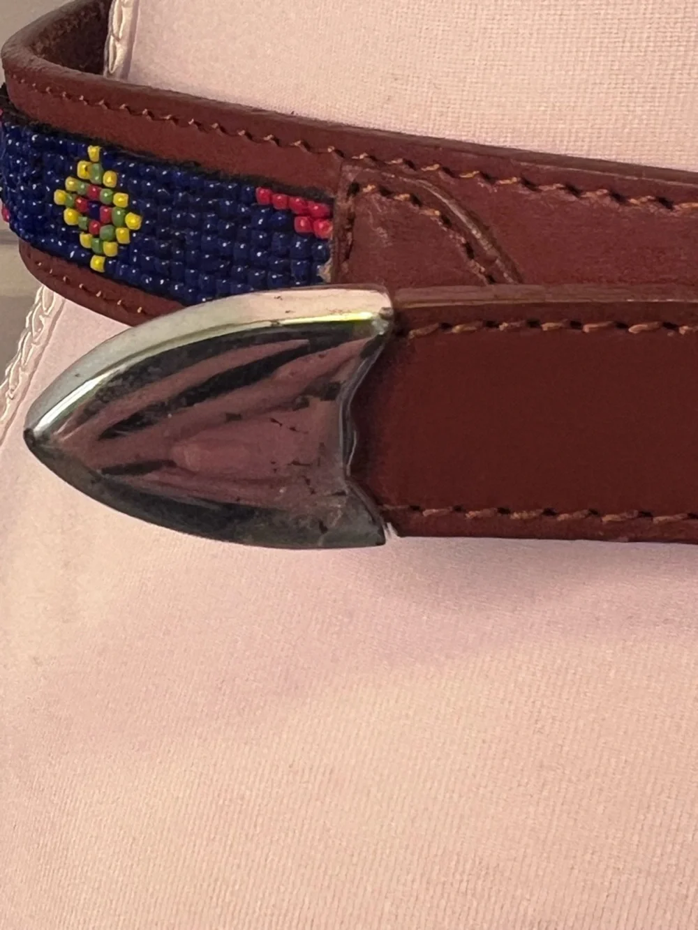 Beaded Brown Latigo Leather Belt Sz 28